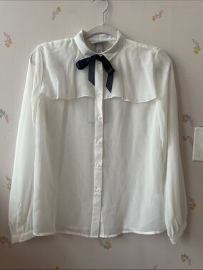 Jason Wu White Sheer Button-Down Blouse with Navy Bow